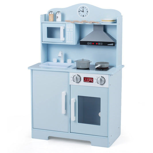 Kids Wooden Play Kitchen with Range Hood and Microwave, Blue Play Kitchen Sets Blue at Gallery Canada