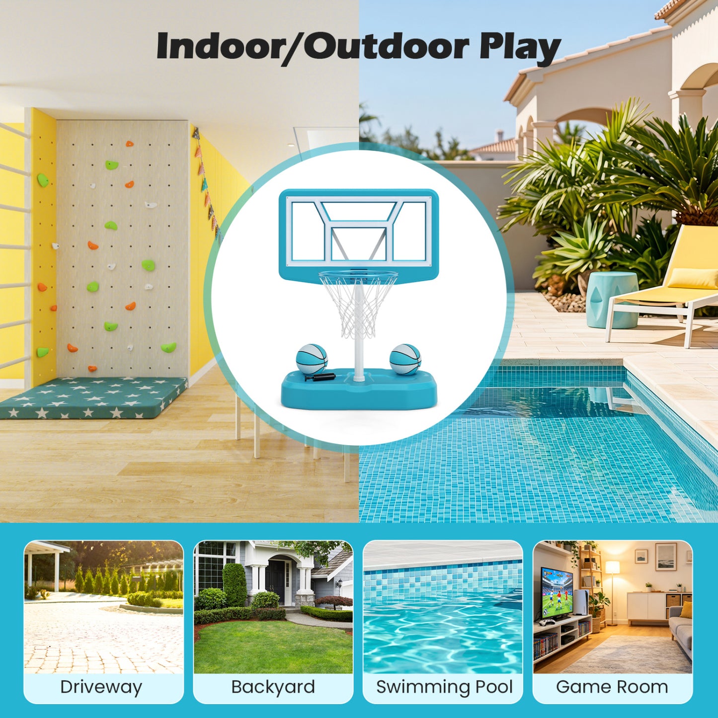 Pool Basketball Hoop Set, 2 Balls, Pump, Light Blue