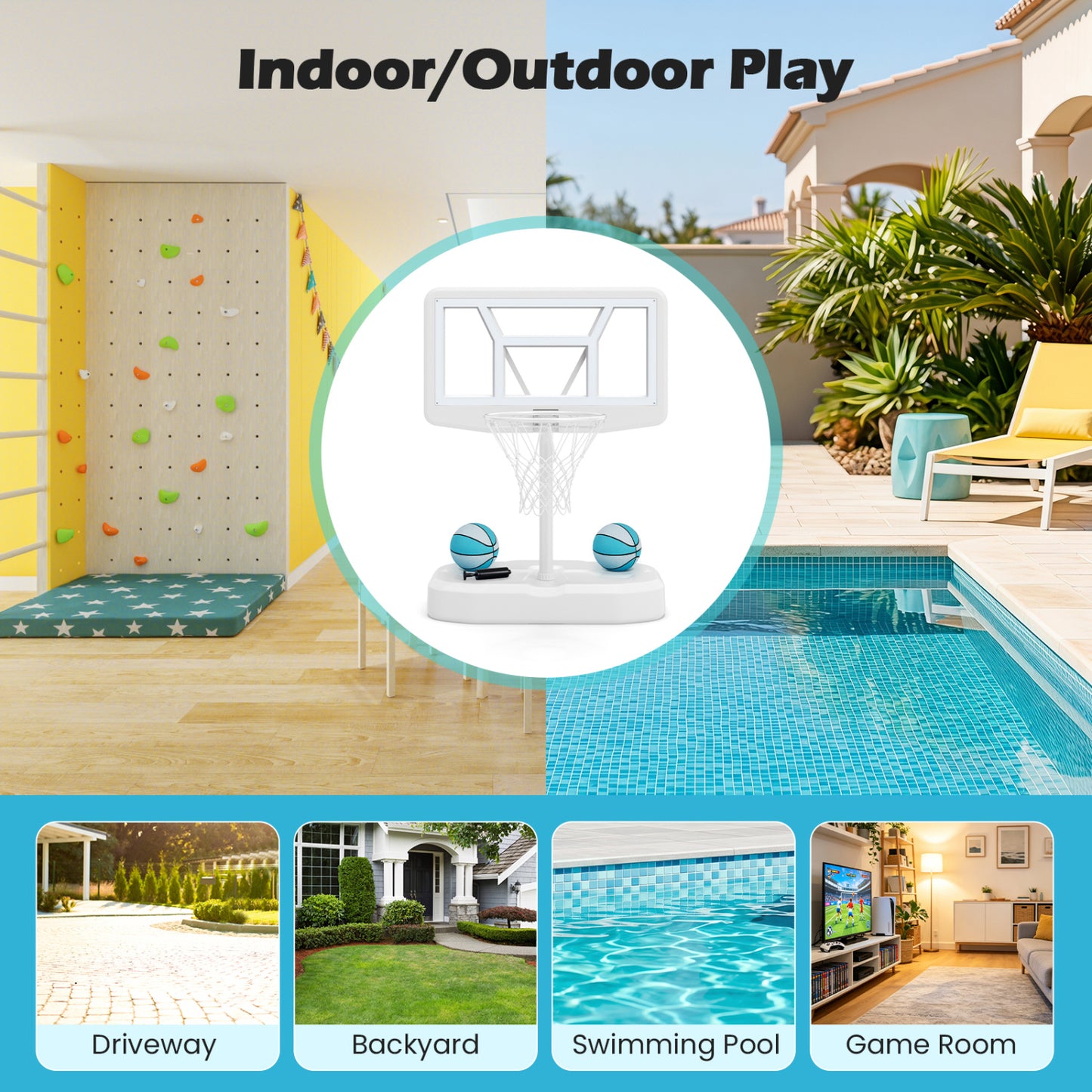 Pool Basketball Hoop Set, White, 2 Balls & Pump