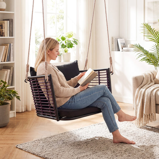 Hanging Rattan Porch Swing Chair With Cushions, Black Porch Swings Black at Gallery Canada