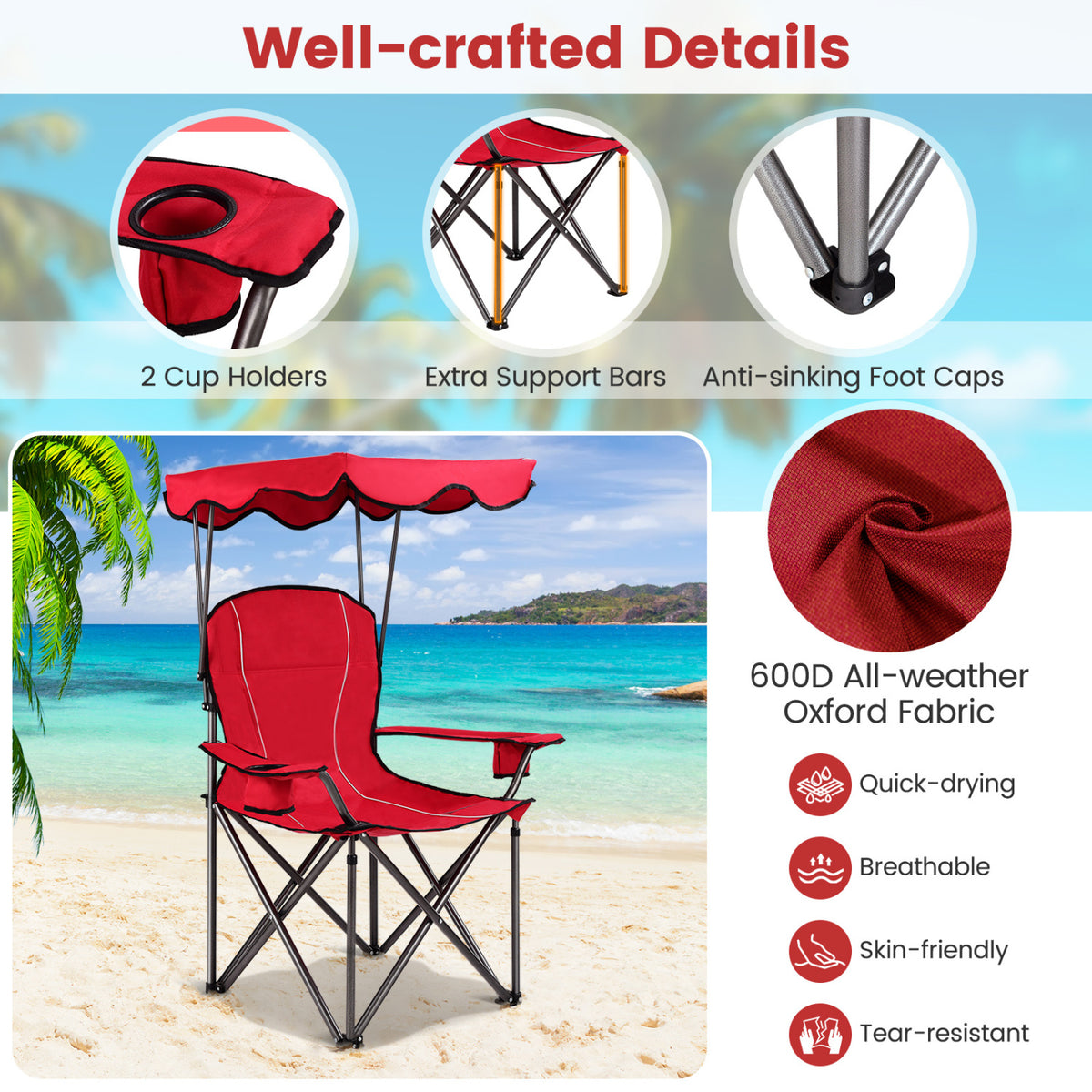 Portable Folding Beach Canopy Chair With Cup Holders, Red Camping Furniture at Gallery Canada