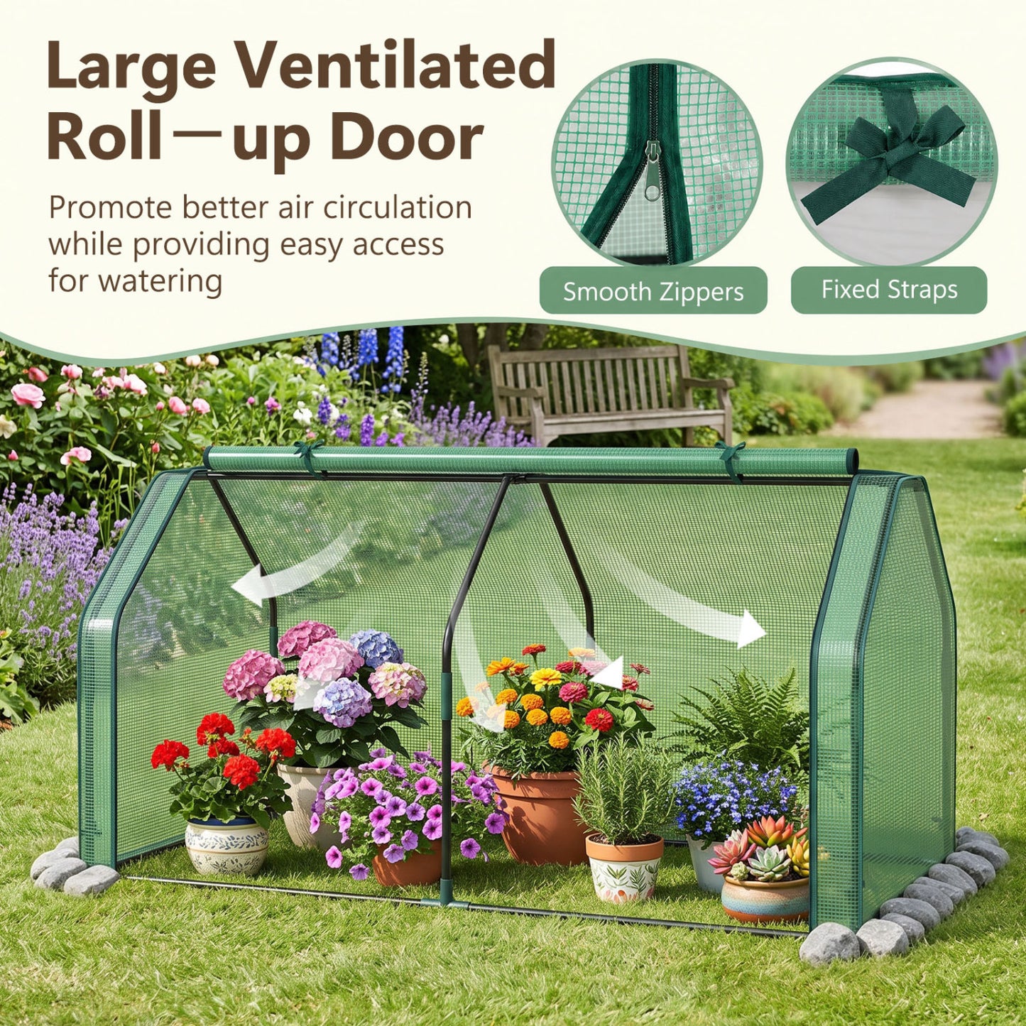 Portable Mini Greenhouse with PE Cover, Zippered Door, Green