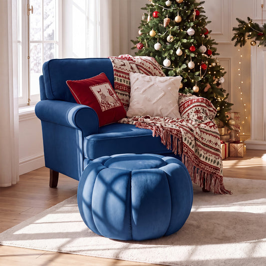 Pumpkin Ottoman, Hidden Storage, Removable Lid, Blue Ottomans Blue at Gallery Canada