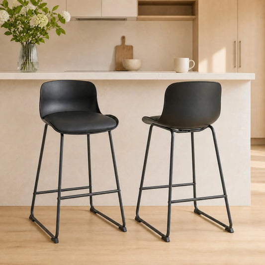 Modern Bar Stools Set of 2, PU Leather, Counter Height, Black