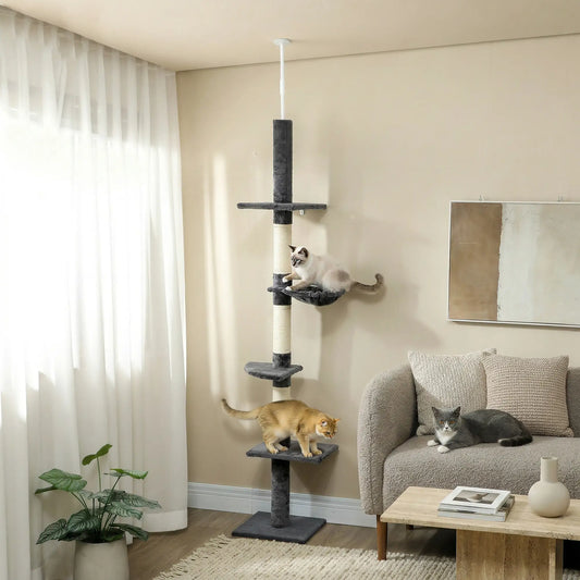 8.5ft Cat Climbing Tree, 5-Tier Activity Center, Scratching Post, Dark Grey Floor to Ceiling Cat Trees Dark Grey at Gallery Canada