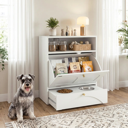 Dog Feeding Station, Food Storage Cabinet, 2 Elevated Bowls, White, White Dog Bowls White at Gallery Canada
