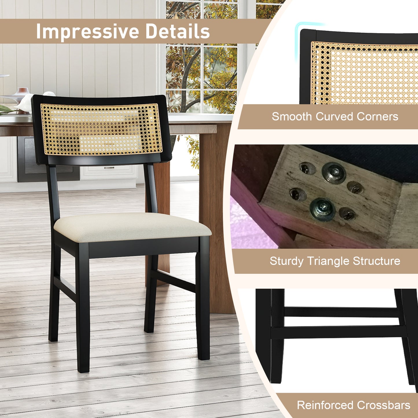 Rattan Dining Chairs Set of 2 Fabric Upholstered Kitchen Chairs with Padded Seat and Rubber Wood Legs, Black Dining Chairs at Gallery Canada