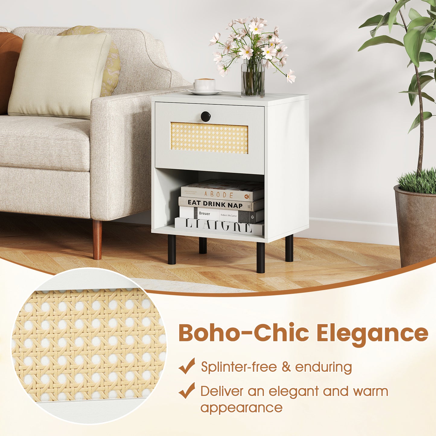 Rattan Nightstand, Boho End Table, With Drawer And Shelf, White Bedroom at Gallery Canada