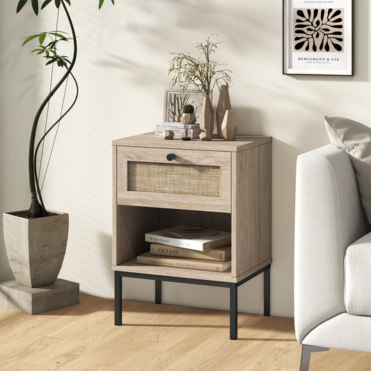 Rattan Nightstand Boho End Table, 2-Piece Set, Oak Nightstands Oak at Gallery Canada