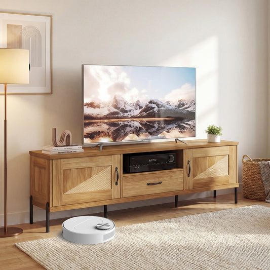 Rattan TV Stand, 80 Inch, Mid Century Modern, 2 Storage Cabinets, Natural Entertainment Centers & TV Stands Natural at Gallery Canada