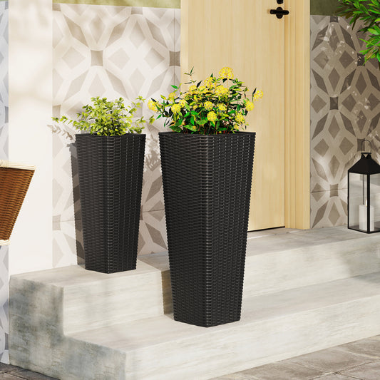 Rattan Tall Planter Set of 2 Outdoor Large Tapered Planters with Removable Inner Trays, Black Faux Plants Black at Gallery Canada