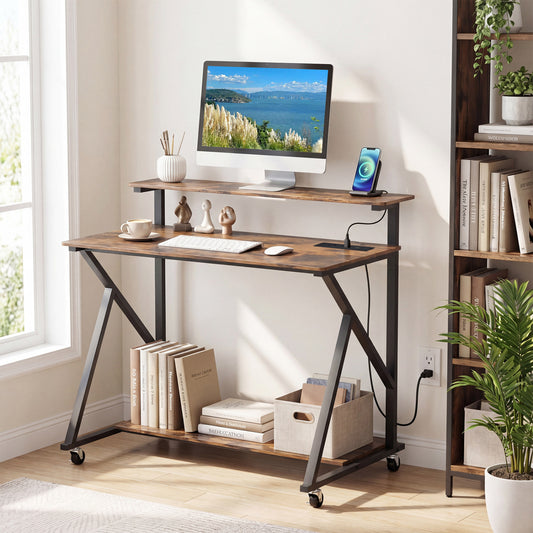 Rolling Computer Desk With Charging Station, Monitor Shelf, Brown Computer Desks Rustic Brown at Gallery Canada