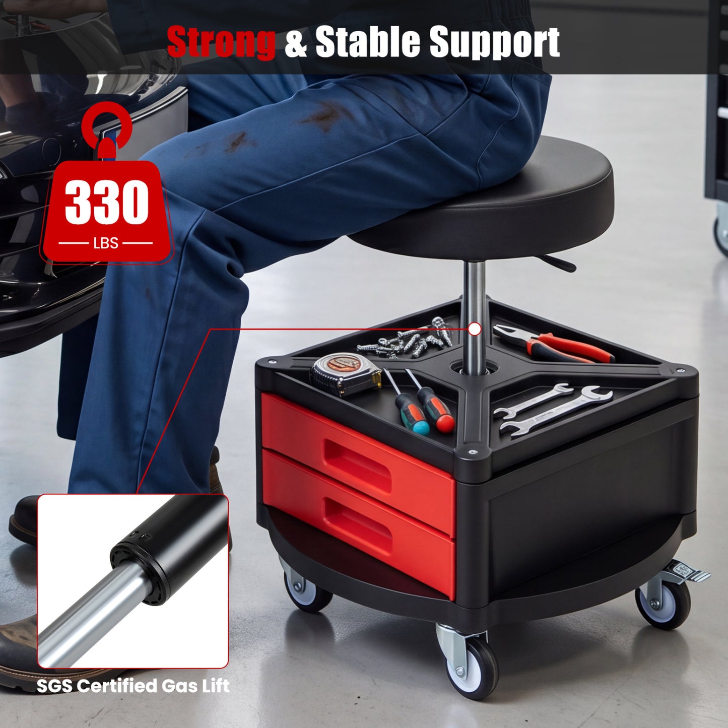 Rolling Mechanic Stool with Cushioned Seat & Dual Tool Trays 330 Lbs, Red Garages at Gallery Canada