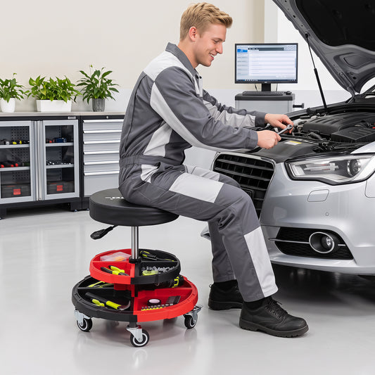 Rolling Mechanic Stool, Cushioned Seat, 5 Wheels, 330 Lbs, Red Garages Red at Gallery Canada