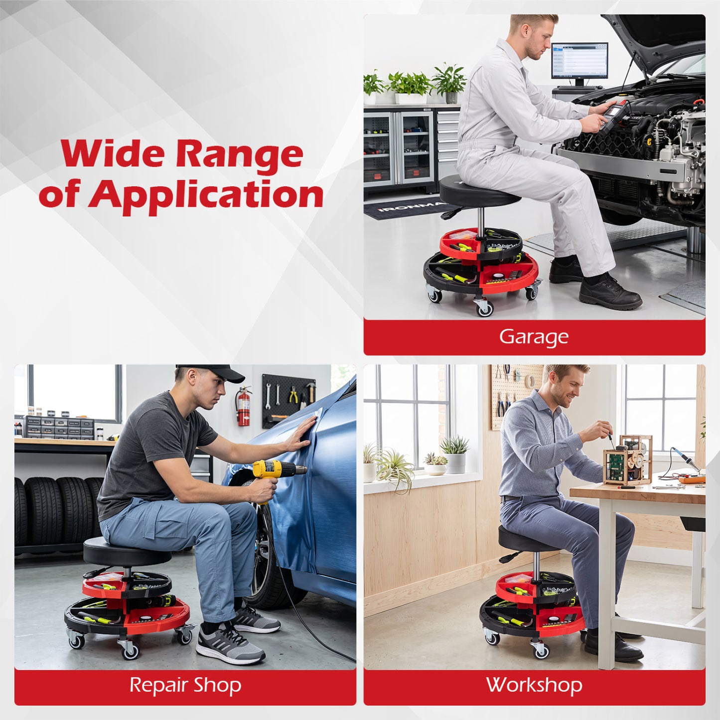 Rolling Mechanic Stool, Cushioned Seat, 5 Wheels, 330 Lbs, Red Garages at Gallery Canada
