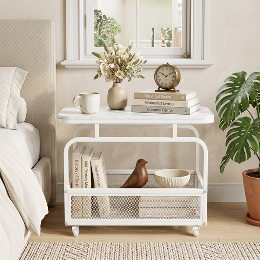 Rolling Side Table, 2-Tier Narrow End Table with Mesh Basket, White End & Side Tables White at Gallery Canada