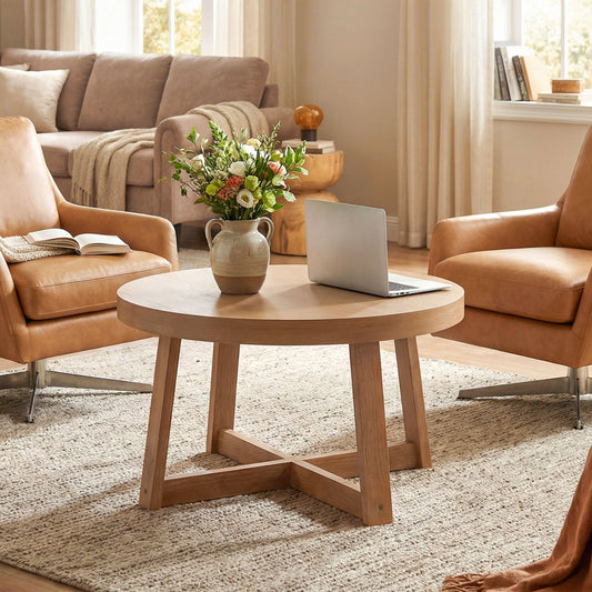 Round Coffee Table for Living Room 30 inch Farmhouse Accent Table with Study Rubber Wood Legs, Yellow Coffee Tables Yellow at Gallery Canada