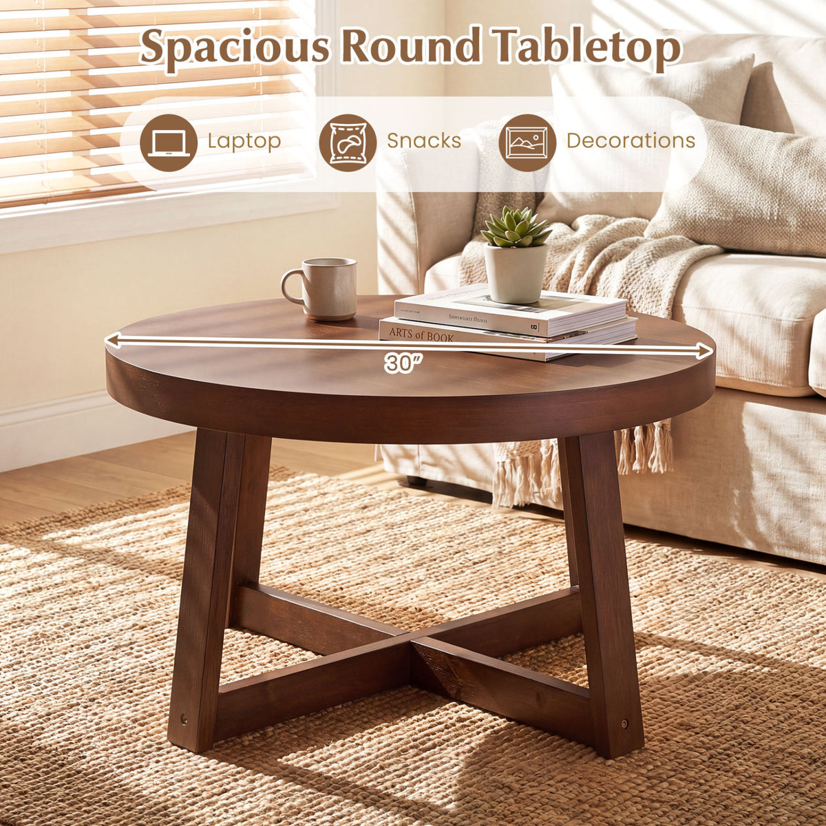 Round Coffee Table 30" Farmhouse Accent Table, Walnut Coffee Tables at Gallery Canada