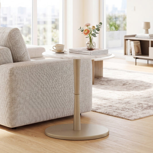 Round Marble Side Table with Stone Finish and Wooden Base for Small Spaces-White and Gold, White & Golden End & Side Tables White & Golden at Gallery Canada