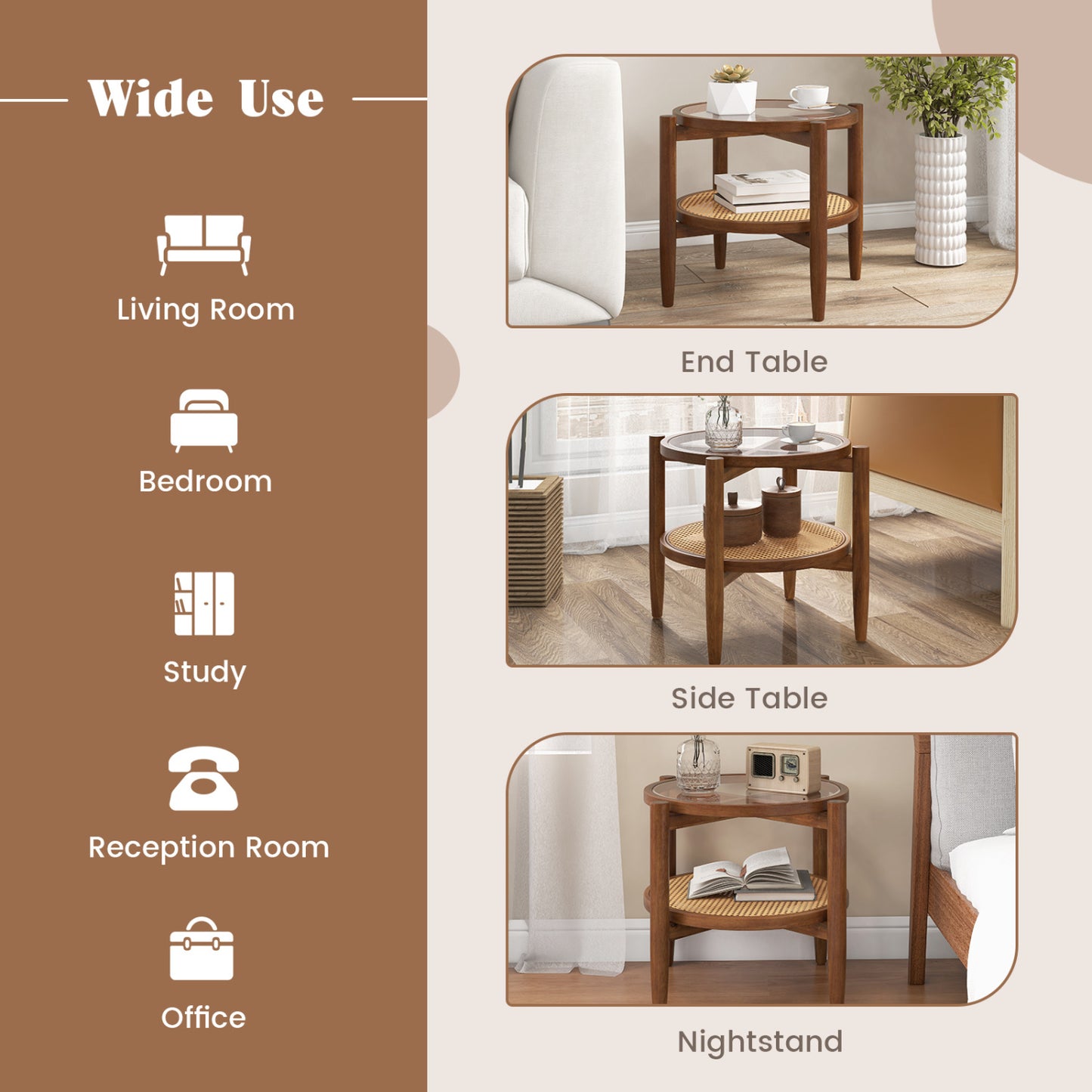 Round Rattan Side End Table with Tempered Glass Tabletop, Walnut End & Side Tables at Gallery Canada