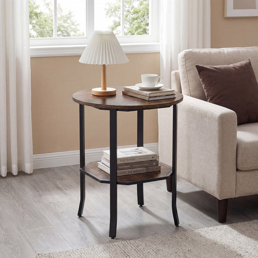 Round Side Table, 2-Tier Storage Shelf, Brown End & Side Tables Rustic Brown at Gallery Canada