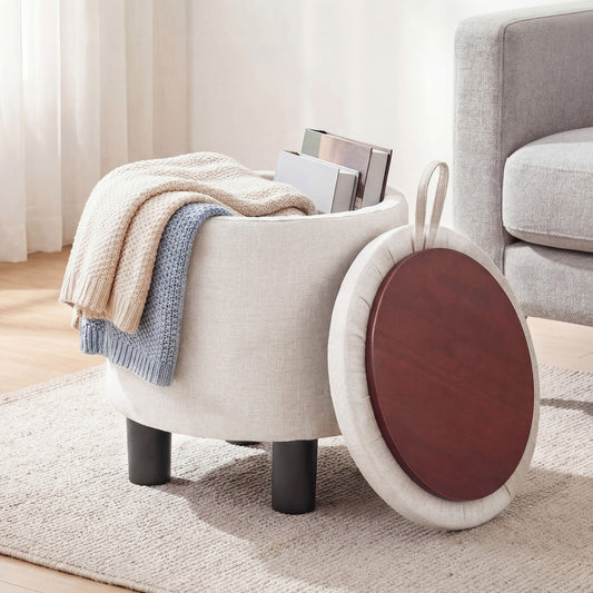 Round Storage Ottoman, Linen Fabric Upholstered Footrest Stool, Beige Ottomans Beige at Gallery Canada