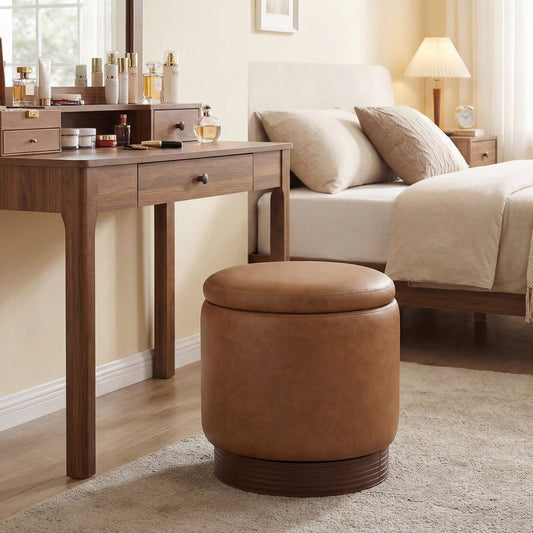 Round Storage Ottoman, Acacia Wood Frame, Brown Ottomans Brown at Gallery Canada