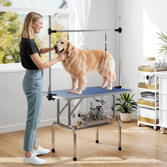 Adjustable Dog Grooming Table, 2 Safety Slings, Storage Basket, Blue Dog Grooming Tables Blue at Gallery Canada