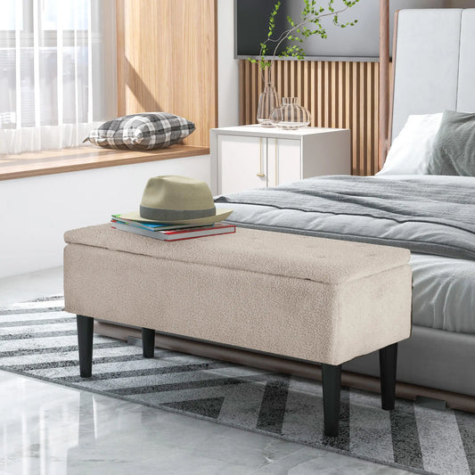 Modern Storage Bench Ottoman With Lamb's Wool, Cream White Storage Ottomans & Benches Cream White, Black at Gallery Canada
