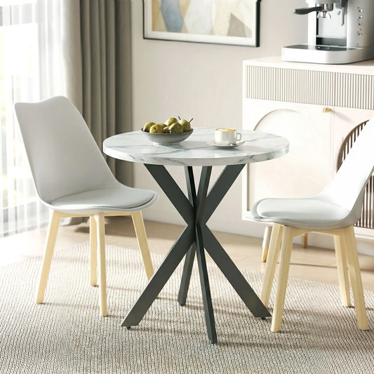 29" Round Dining Table, White Marble-Effect, Steel Legs, White