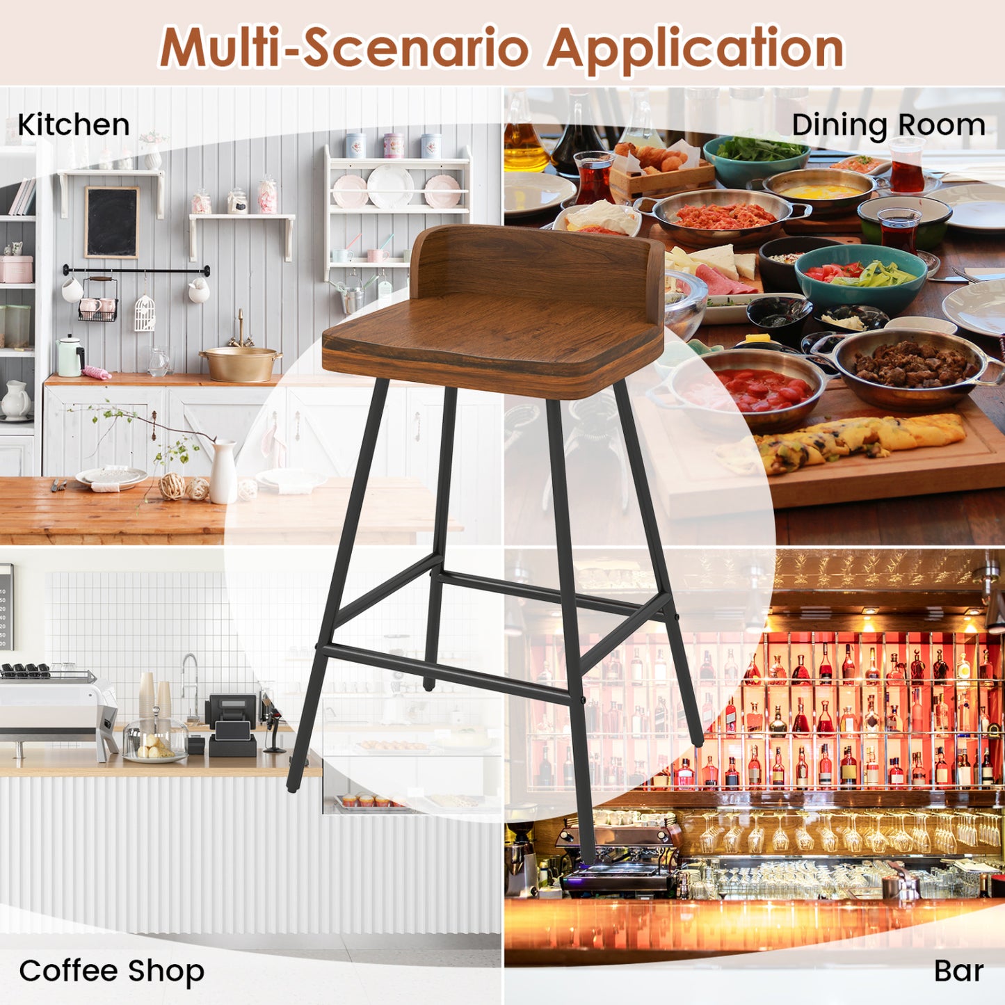 Set Of 2 Bar Stools With Low Back Metal Legs, Brown Bar Stools at Gallery Canada