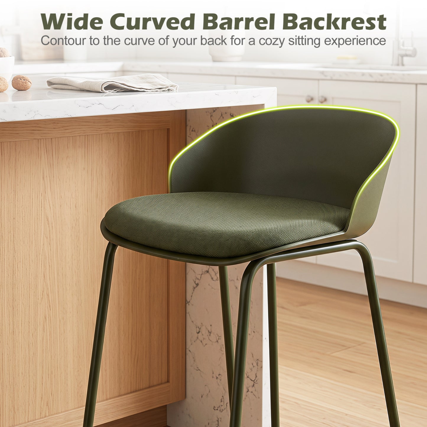 Set of 2 Bar Stools, Curved Backrest, Metal Frame, Green