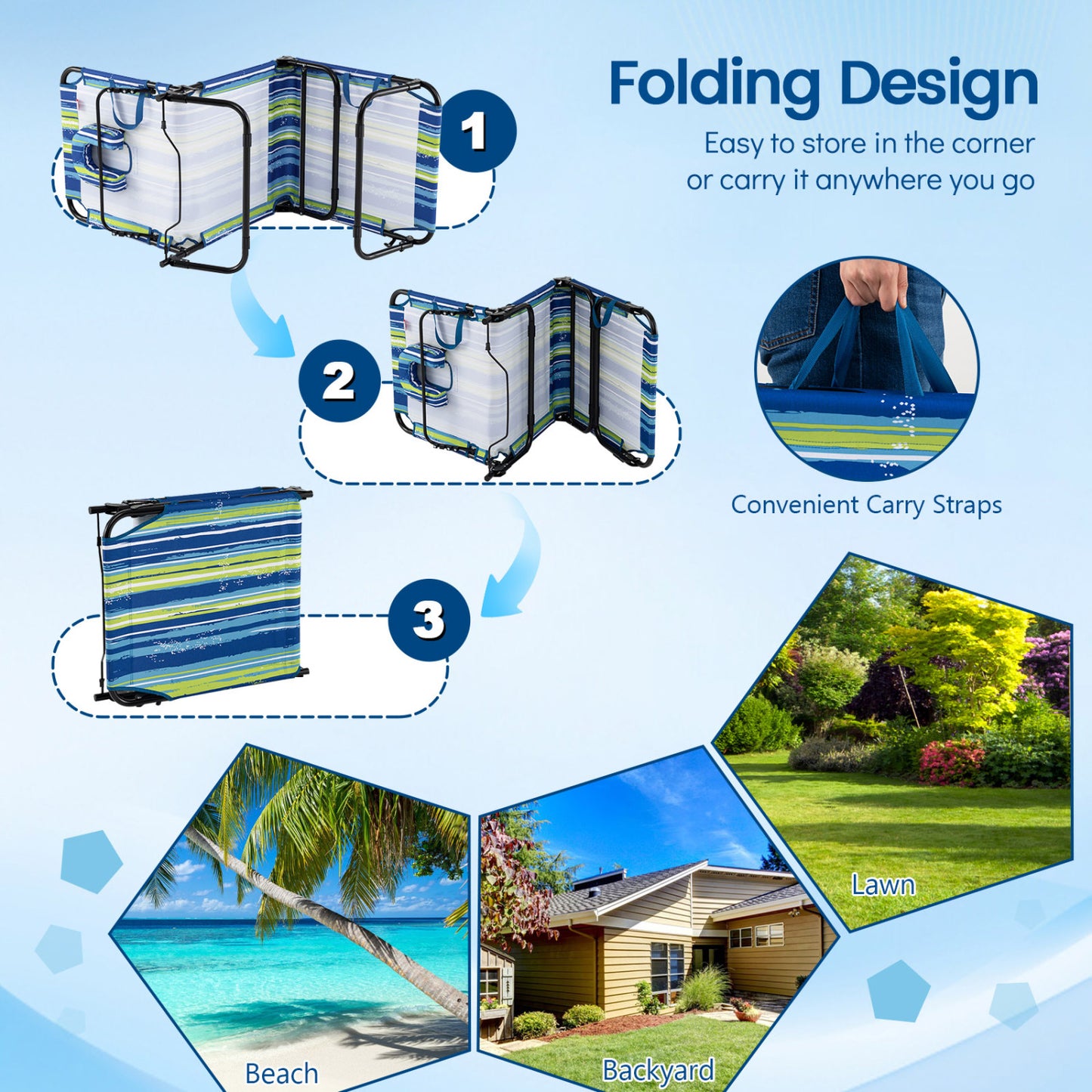 Folding Face Down Tanning Chair, Set of 2, 3 Removable Pillows, Blue and Green Beach & Lawn Chairs at Gallery Canada