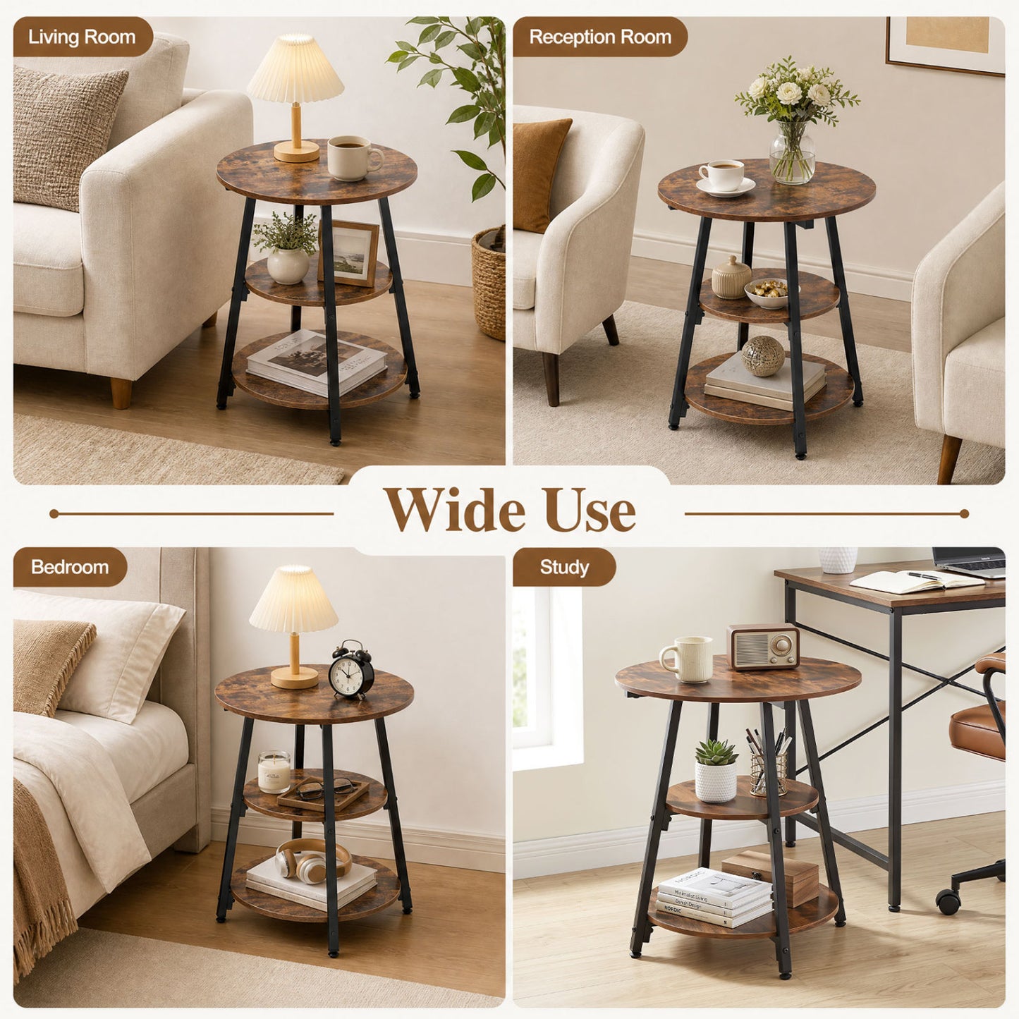 Industrial Side Tables Set of 2, 3-Tier Shelves, Brown