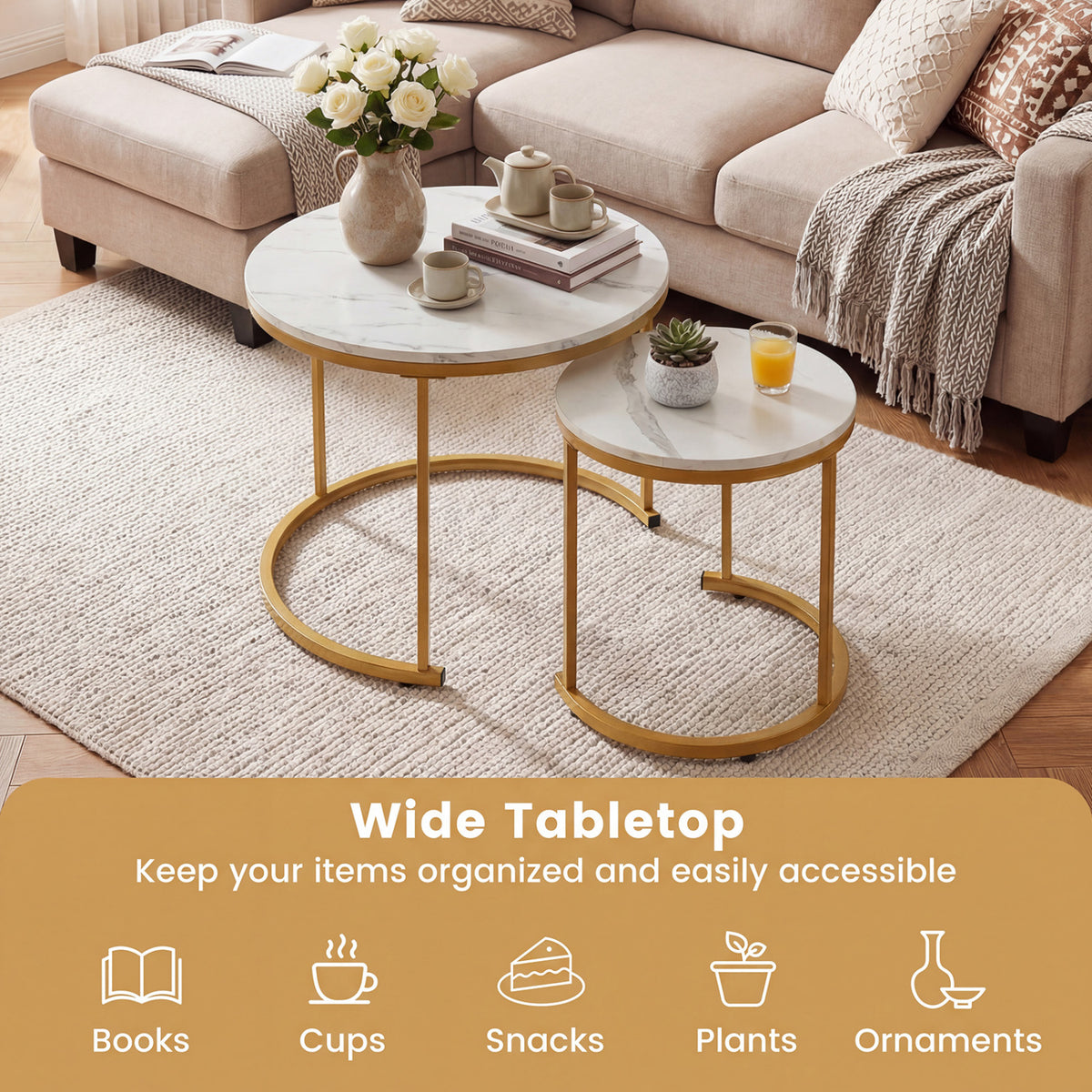 Set Of 2 Modern Round Stacking Nesting Coffee Tables, Golden Coffee Tables at Gallery Canada