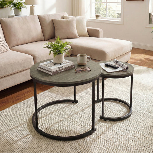 Modern Round Stacking Nesting Coffee Tables, Set of 2, Oak Coffee Tables Oak at Gallery Canada