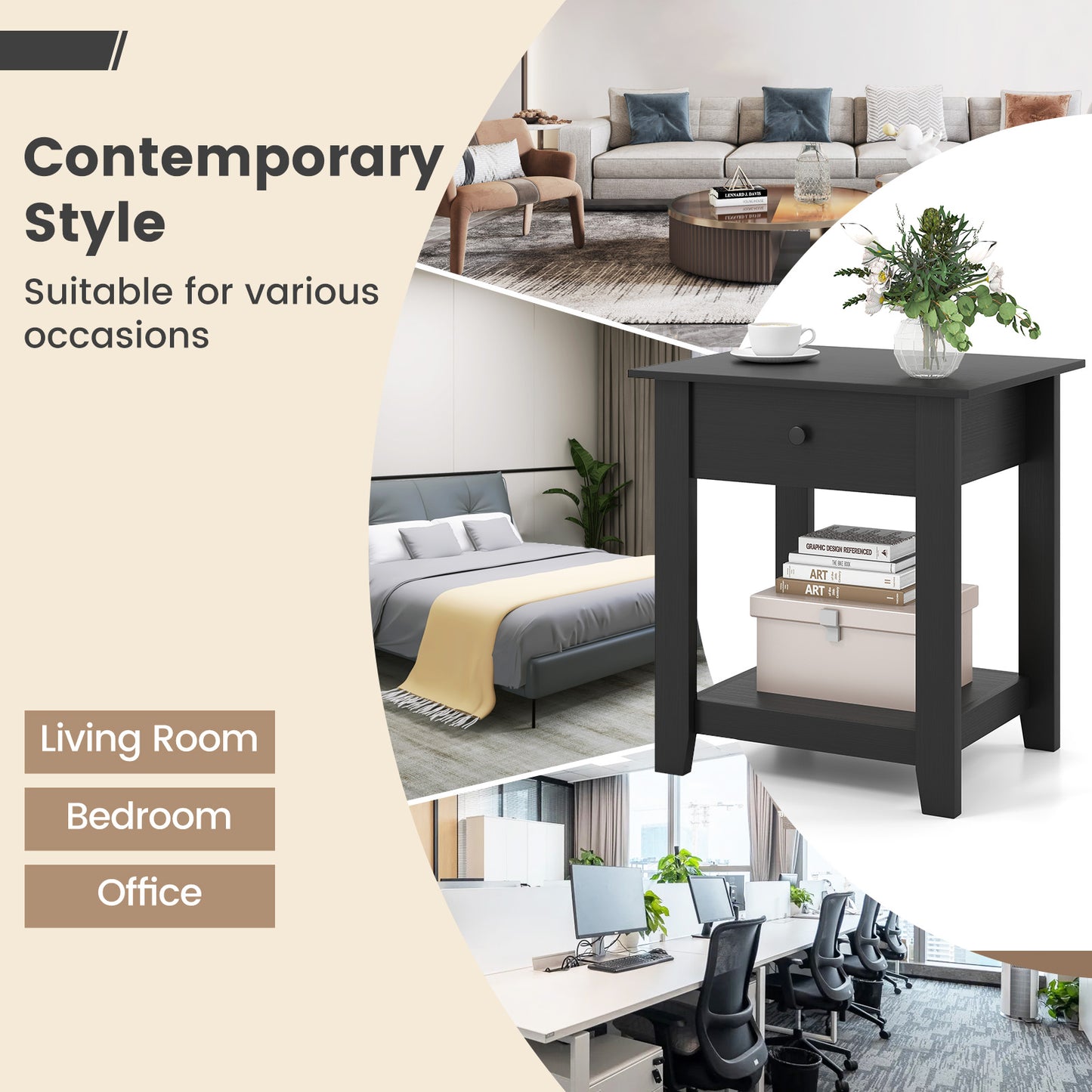 Set of 2 Nightstand with Drawer 3-Tier Modern Bedside Table with Open Shelf and Storage, Black Nightstands at Gallery Canada