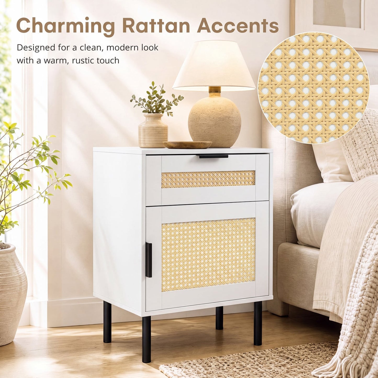Ensemble de 2 tables de nuit en rotin avec tiroir et armoire, blanc