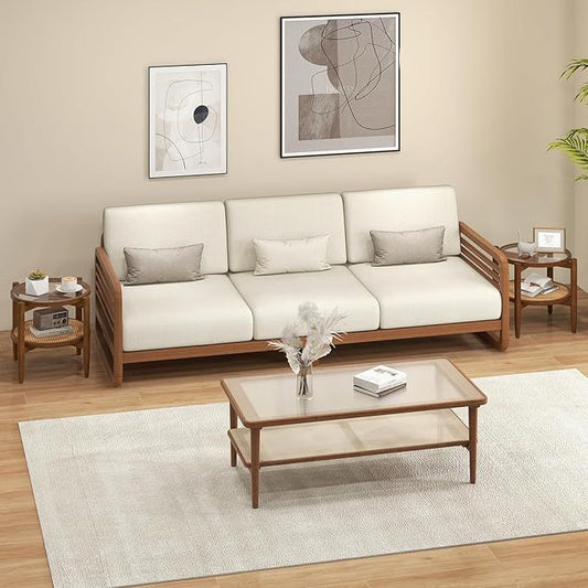Set of 2 Rattan Round Side End Table with Tempered Glass Tabletop, Walnut End & Side Tables Walnut at Gallery Canada