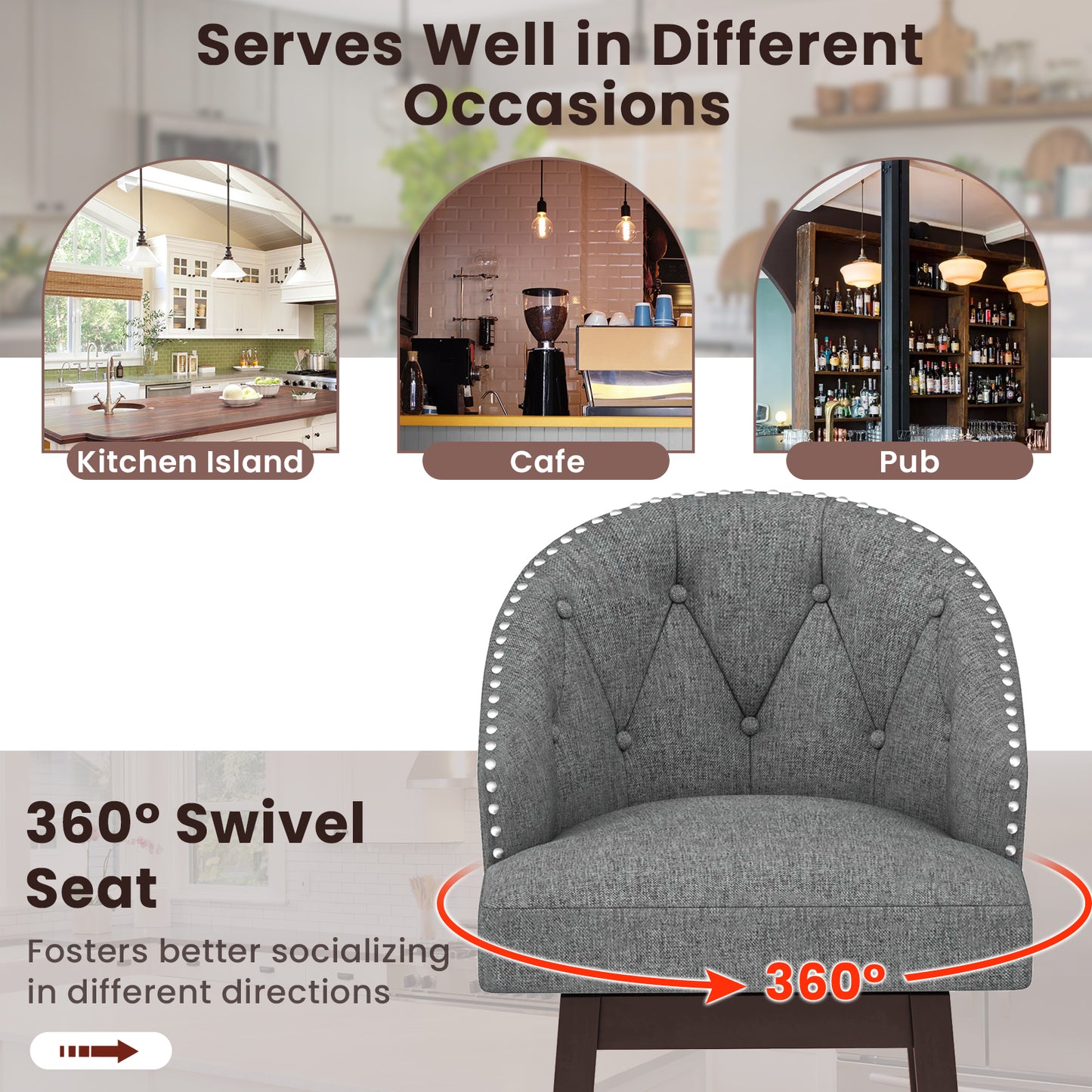 Set Of 2 Swivel Bar Stools, Padded Back, Gray Bar Stools at Gallery Canada