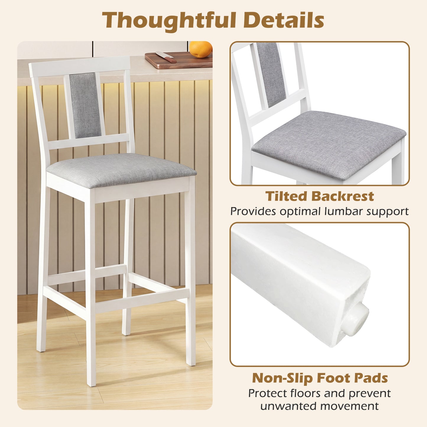 Upholstered Barstool Set, 29.5 Inch, Solid Rubber Wood Frame, White Bar Stools at Gallery Canada