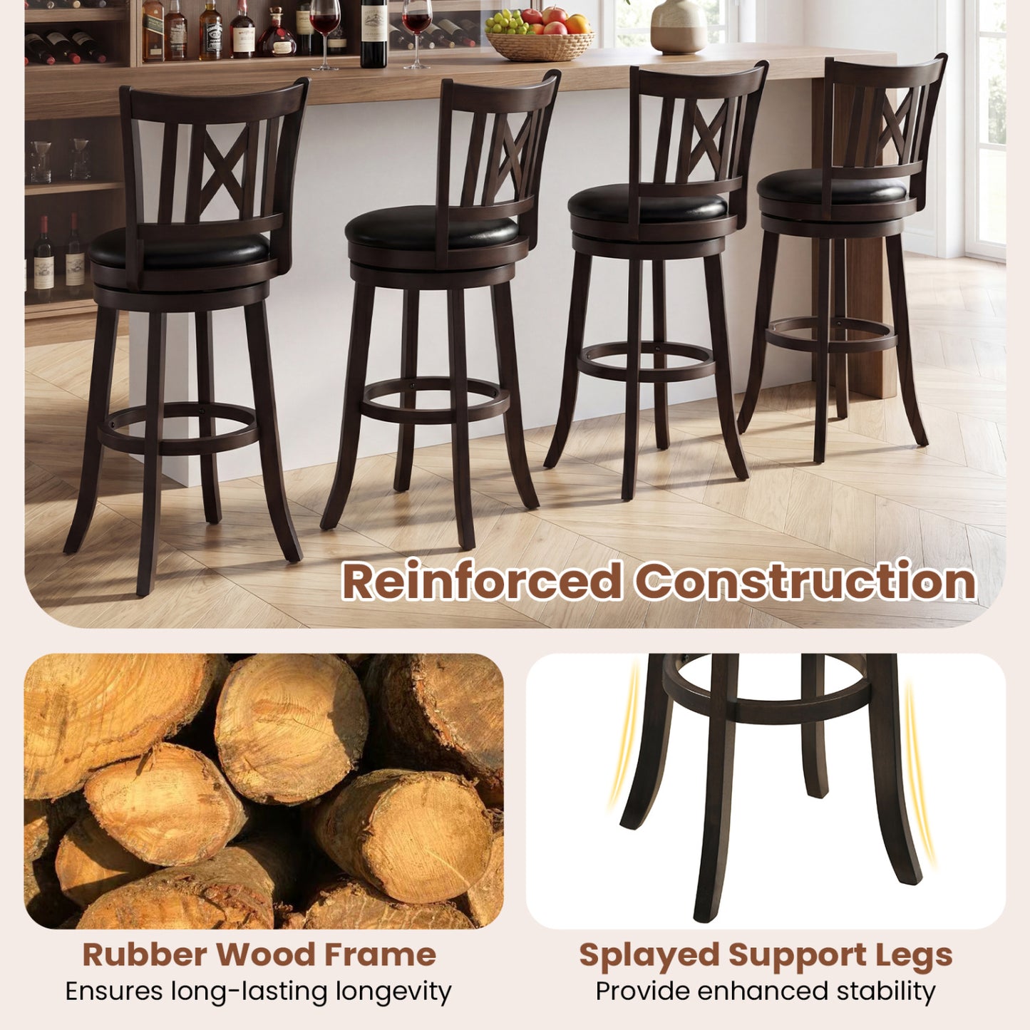 Set Of 4 Swivel Bar Stools With Hollowed Backrest, 30 Inches Bar Stools at Gallery Canada