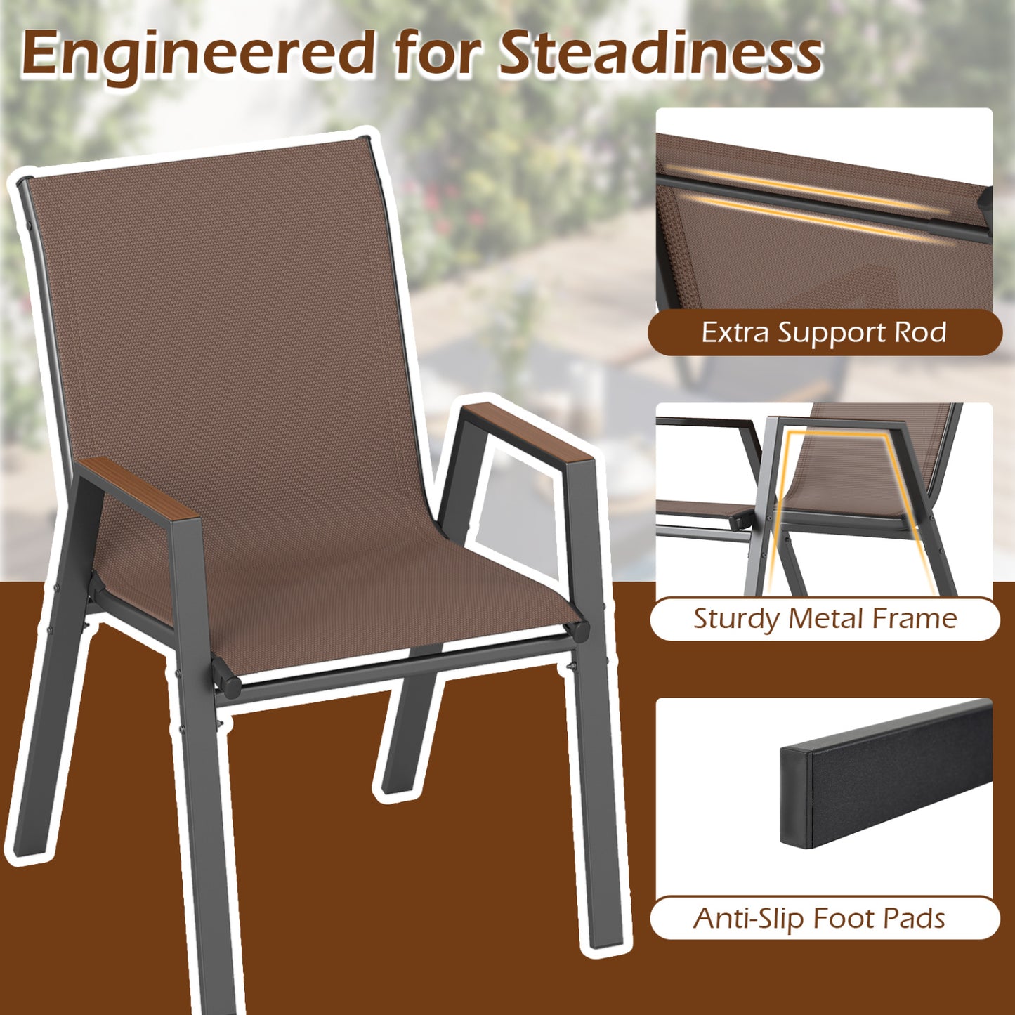 Set of 4 Stackable High Back Patio Chairs, 400 LBS, Brown Patio Dining Chairs at Gallery Canada