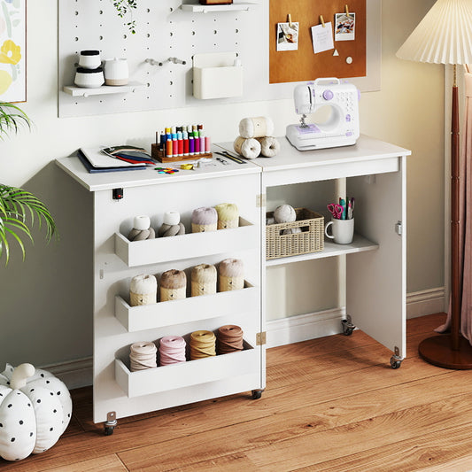 Sewing Machine Table With Charging Station, Lockable Casters, White Sewing Tables White at Gallery Canada