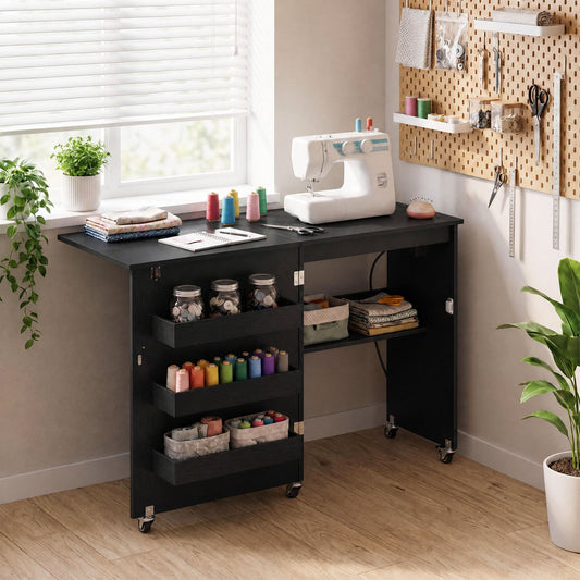 Sewing Machine Table with Charging Station and Lockable Casters, Black Sewing Tables Black at Gallery Canada