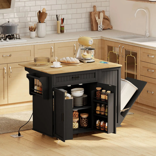 Kitchen Island Cart, Portable Table with Charging Station, Rubber Wood Drop Leaf, Trash Storage, Black Kitchen Islands & Kitchen Carts Black, Natural at Gallery Canada