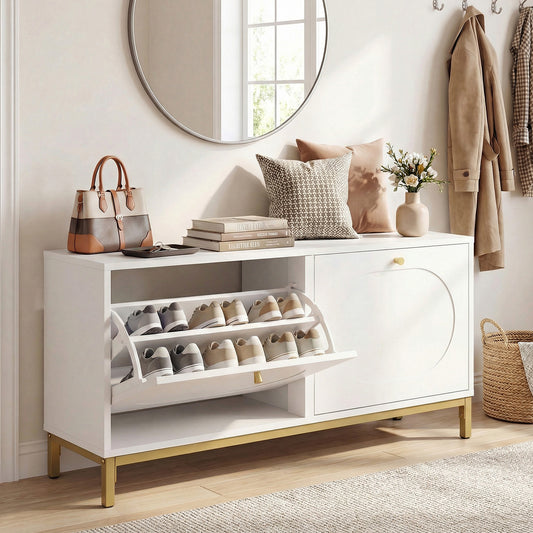 Shoe Storage Bench Narrow Entryway Bench with 2 Flip Drawers Adjustable Shelves, White Shoe Racks & Storage Benches White at Gallery Canada