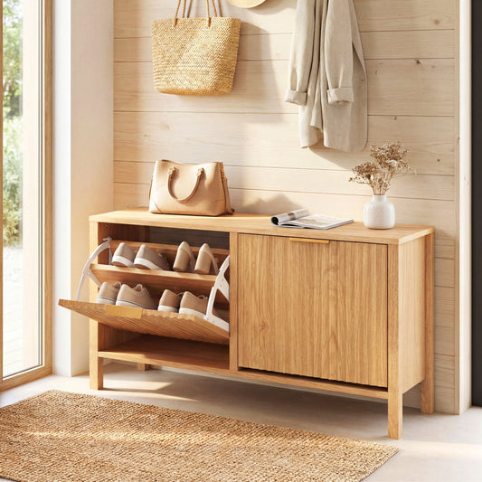 Shoe Storage Bench Narrow Wooden Entryway Bench with 2 Flip Drawers, Brown Shoe Racks & Storage Benches Brown at Gallery Canada