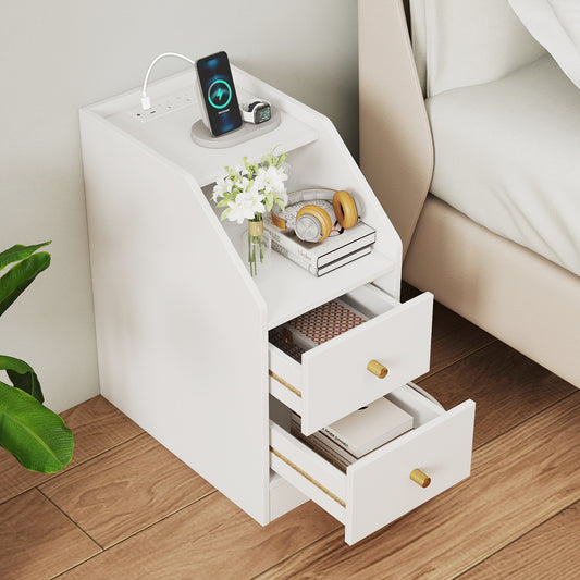 Side End Table with Charging Station Sofa Couch Table with Shelf Drawers, White End & Side Tables White at Gallery Canada