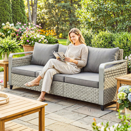 Rattan Wicker Sofa, 3-Seater Outdoor Couch With Cushions, Grey Patio Furniture Sets Grey at Gallery Canada